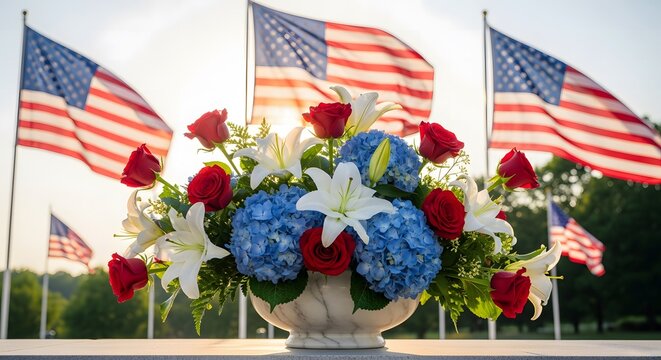 Patriotic floral arrangement with red white and blue flowers in front of American flags.