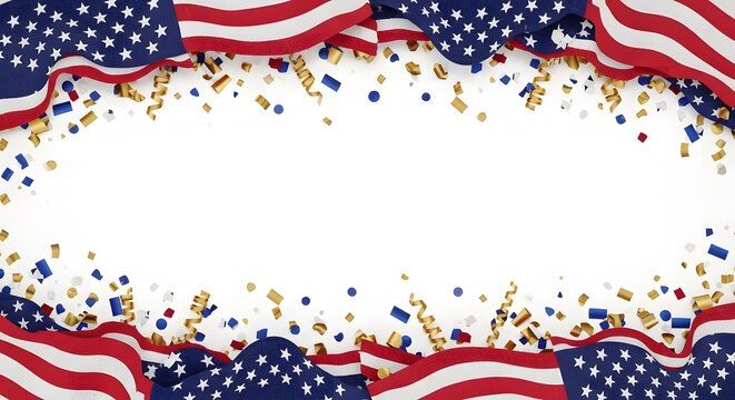 American flag border with festive confetti on white background for patriotic celebration.