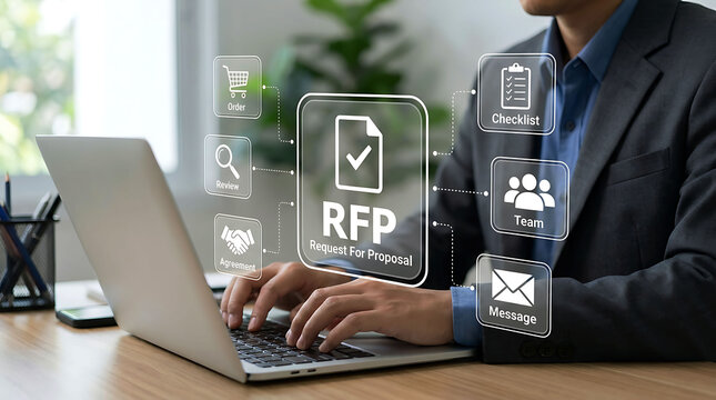 Businessman working on laptop with RFP request for proposal icon concept