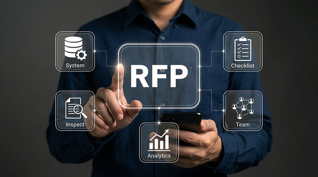 RFP Request for Proposal concept with business icons and manager hand