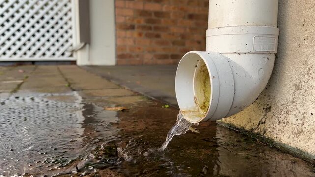 Rainwater Flowing from White PVC Downpipe onto Wet Concrete Pavement