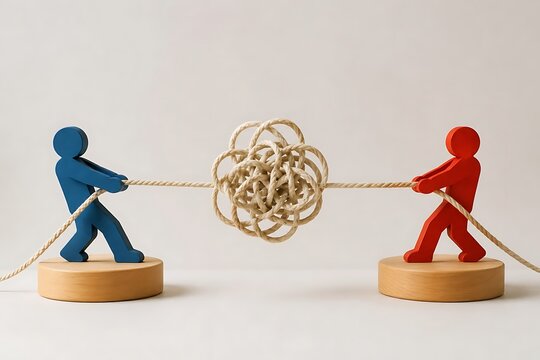 Blue and red figures in tug of war pulling tangled rope knot symbolizing argument and difficult problem solving