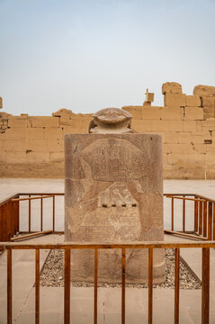 Sacred Scarab Beetle Statue on Pedestal at Karnak Temple Sacred Lake Luxor