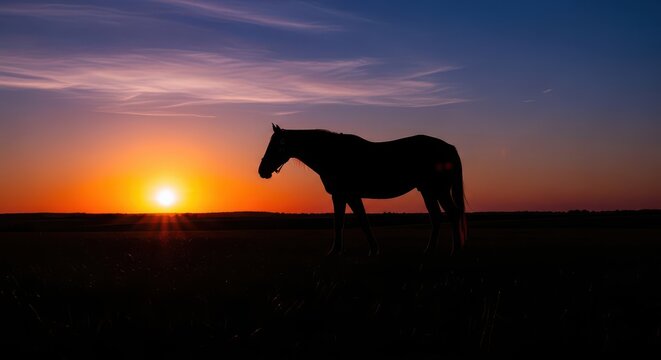 Silhouette of a horse at sunset. Tranquil equine scene with warm lighting.