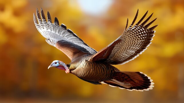 Wild turkey in flight with wings fully extended against an autumn background