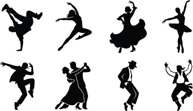 styles, ballet silhouette, ballerina, hip hop dancer, breakdance, ballroom