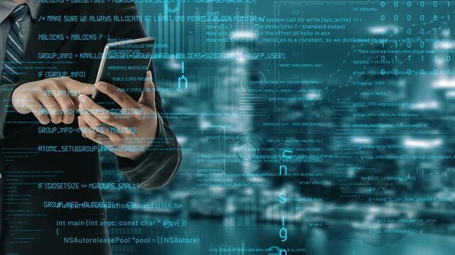 A businessman interacts with a smartphone while surrounded by flowing digital data and coding elements, set against a blurred cityscape, symbolizing modern technology and communication. Xenic