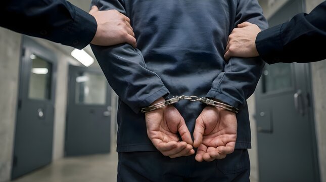 A police officer escorting a handcuffed prisoner to jail
