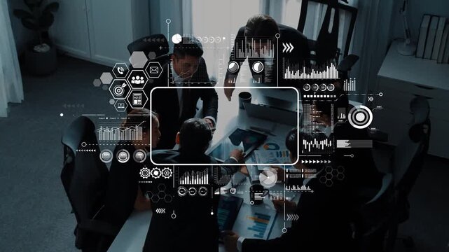 Aerial view of a business meeting showcasing teamwork and collaboration amid digital data visualizations, enhancing discussions in a modern office environment. Raster