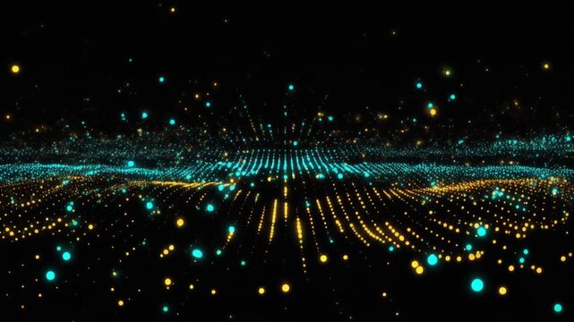 ビッグデータやAIテクノロジーを象徴する光の粒子と回路網が複雑に交差するDX向けのシネマティック抽象背景動画