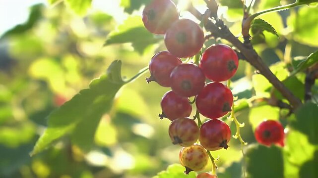 Ripe red berries cluster on a branch, sunlit with green leaves