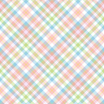 Diagonal Pastel Rainbow plaid tartan textile pattern design in pastel colors for fashion and home textiles