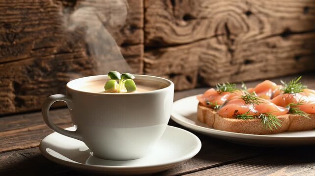 Steaming hot beverage in a white mug, topped with sprouts, beside salmon toasts