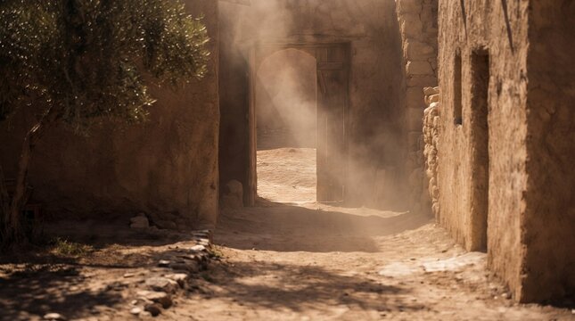 Dusty alleyway with wooden gate in ancient Middle Eastern village