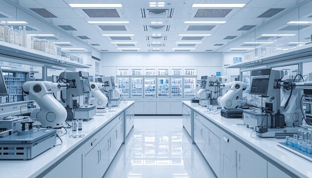 AI Assisted Pharmaceutical Drug Discovery Laboratory with Automated Research Equipment and Precision Healthcare Technology