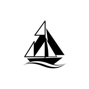 Black Silhouette Sailboat on White Background with Waves