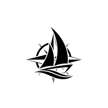Black Silhouette of Sailboat with Compass Rose, Nautical Navigation Symbol