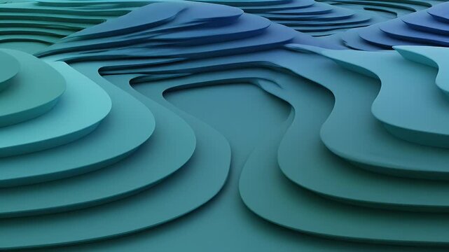 Abstract, layered landscape with cool blue and green tones, creating depth