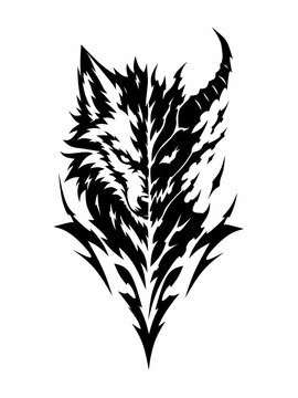 Half wolf demon tribal vector with fierce black silhouette in dark fantasy style