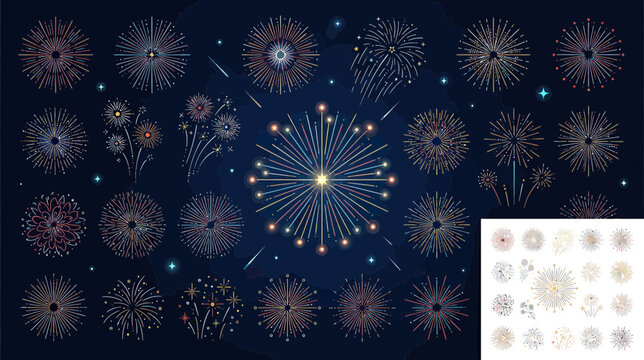 Colorful Bursting Fireworks Display Collection on Dark Background