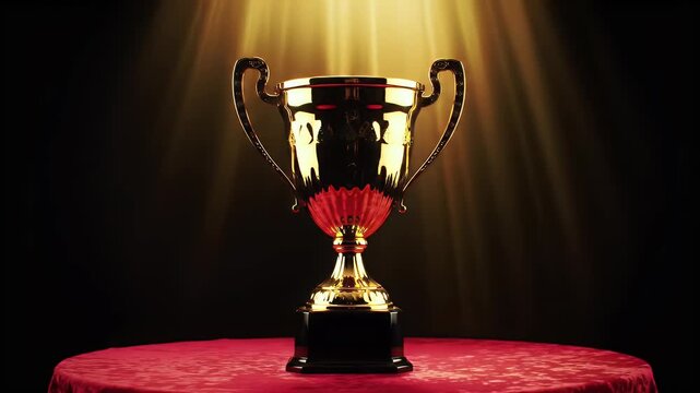 A gleaming gold trophy with red accents sits on a red draped table under spotlights