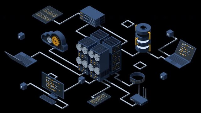 3D isometric cloud technology with server animation. Isometric server and hosting storage technology. Web hosting concept. Isometric technology. Transparent background with alpha channel