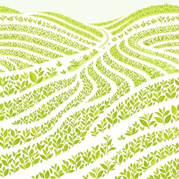 Yellow green tea plantation field background with fresh leaf plants. Simple graphic design pattern template for organic nature backdrop, agriculture, or beverage packaging, vector isolated on white