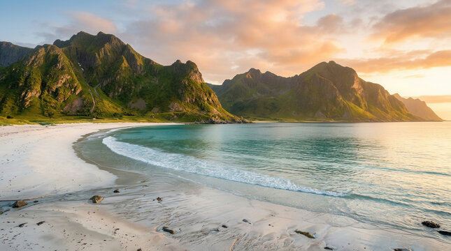 Haukland Beach in the Lofoten Islands, Norway, featuring white sand, turquoise Arctic waters and dramatic green mountains under golden hour sunlight, a breathtaking Nordic coastal landscape.