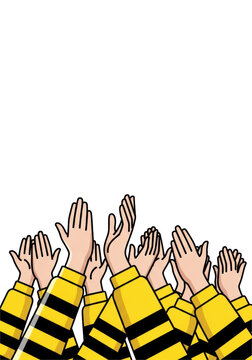 Highly contrasted vector illustration of multiple stylized hands enthusiastically clapping, bright yellow striped sleeves, worm's-eye view on pale gray background. Concept of enthusiastic applause