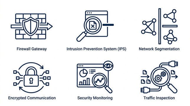 Cybersecurity Icons Representing Network Security and Data Protection Concepts.