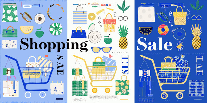 shopping sale posters with colorful illustrations cart bags fruits pineapple watermelon apples sunglasses patterns blue yellow green vector graphic design retail consumerism marketing