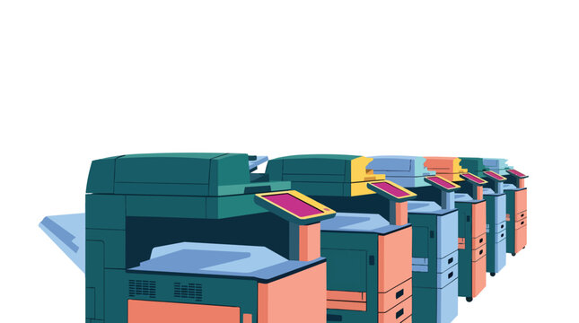 Professional office copier machines and multifunction printers in a modern flat vector illustration for commercial print shop marketing