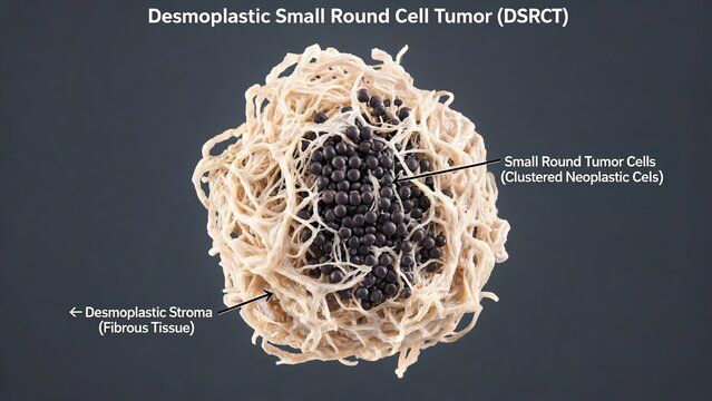 Dark grey background labeled 3D medical illustration of Desmoplastic Small Round Cell Tumor (DSRCT), spherical tumor mass showing desmoplastic fibrous stroma and clustered small round neoplastic cance