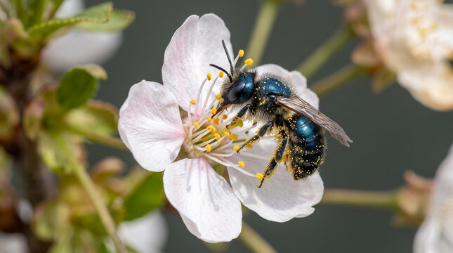 Macro of a metallic blue bee covered in pollen on a white blossom