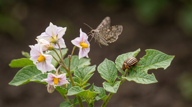 Colorado potato beetle on damaged leaf near a flying moth and flower