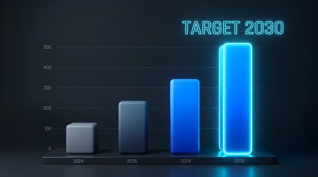 Target 2030 glowing blue bar chart showing business growth and future success on a dark professional background screen