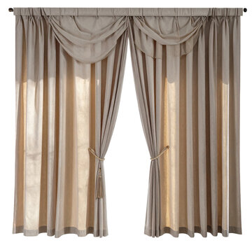Elegant beige curtain set with pleated drapes valance and tiebacks isolated white background