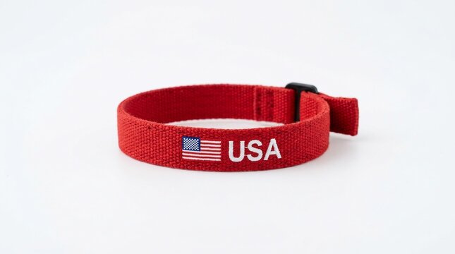 Red Wristband with USA Flag and Text.