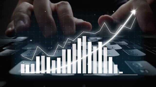 A close-up view of hands typing on a laptop keyboard, paired with a digital growth graph overlay, symbolizing business success and data analysis in a professional environment. Copula