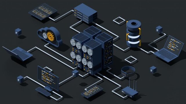 3D isometric cloud technology with server animation. Isometric server and hosting storage technology. Web hosting concept. Isometric technology. 4K video animated in isometric style
