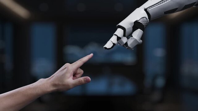 A robotic hand points at a digital cost chart with a declining trend in a modern business office, illustrating the intersection of technology and finance analysis. Synapse