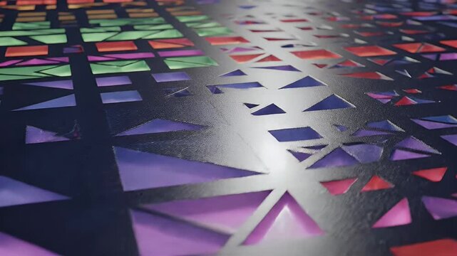 Abstract geometric pattern with triangular and diamond shapes in vibrant colors