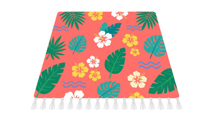 Summer day Tropical beach towel with hibiscus flowers and palm leaves, summer vacation picnic blanket with tassels, pink floral beach mat vector isolated on White Background flat vector eps © MSTJHARNA