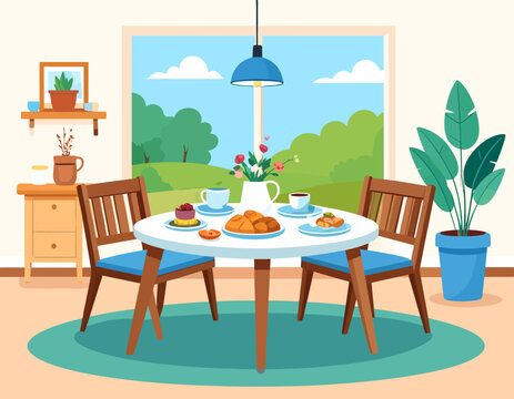 Dining table with mountain landscape view through large window flat vector