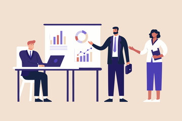 Fototapeta premium business team analyzing data in flat vector illustration analysis meeting chart graph presentation collaboration workplace professional teamwork statistics visual graphic office strategy discussion