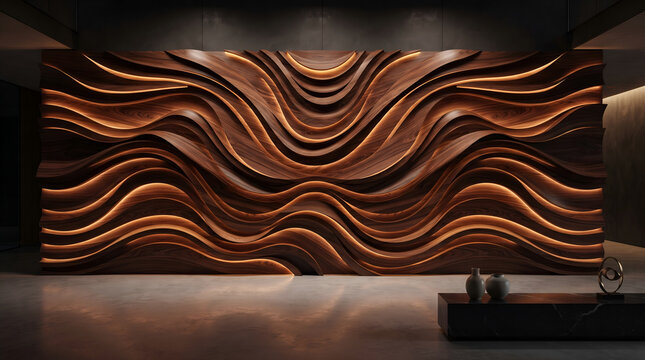 Modern luxury interior featuring 3D parametric wavy wood wall paneling with ambient lighting in a dark minimalist room