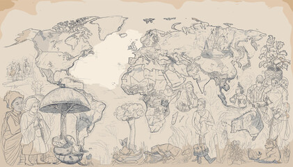 Fototapeta premium Detailed hand-drawn fantasy world map with whimsical elements and surreal landscapes on aged parchment.