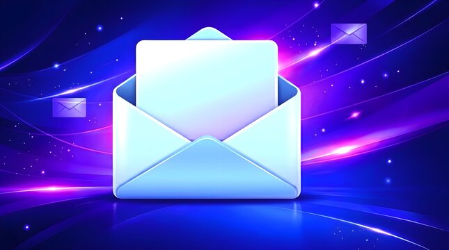 Futuristic email communication 3D icon featuring a glowing open envelope with a letter inside set against a vibrant blue and purple neon light waves background canvas.