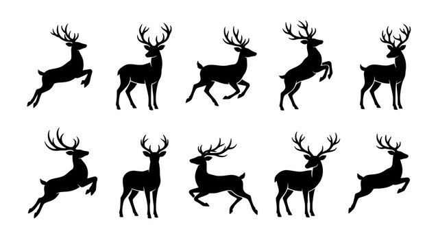 Set of black deer silhouettes in various standing, jumping and running poses
