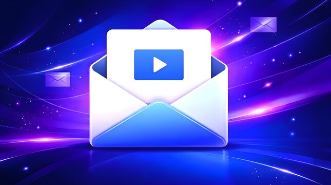 Futuristic digital video message 3D icon with play button card inside an envelope set against glowing neon blue, purple, and pink light waves background canvas.